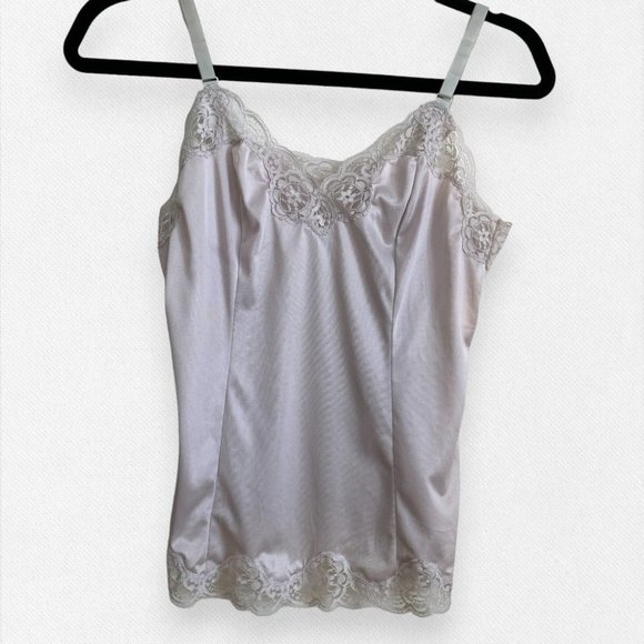 Vintage Tops - Vintage Satin Lace Camisole Light Grey Coquette Spaghetti Strap Neutral Small